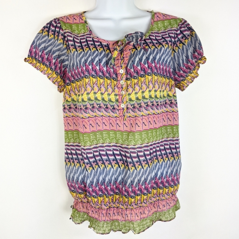 Antilia Femme Pink Green Striped Ruched Blouse Top